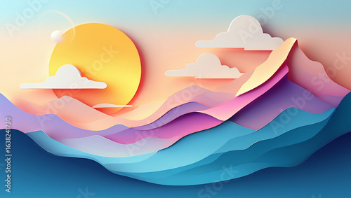 Vibrant, stylized illustration of mountains layered in paper cut style, with a sunrise backdrop.