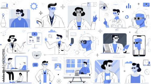 Illustration of doctors and medical professionals using technology and wearing vr headsets in various scenes silhouette