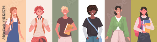 Cute school children with backpacks and books on different color backgrounds. Collage with primary schoolkids. Back to school. Vector Not AI generated