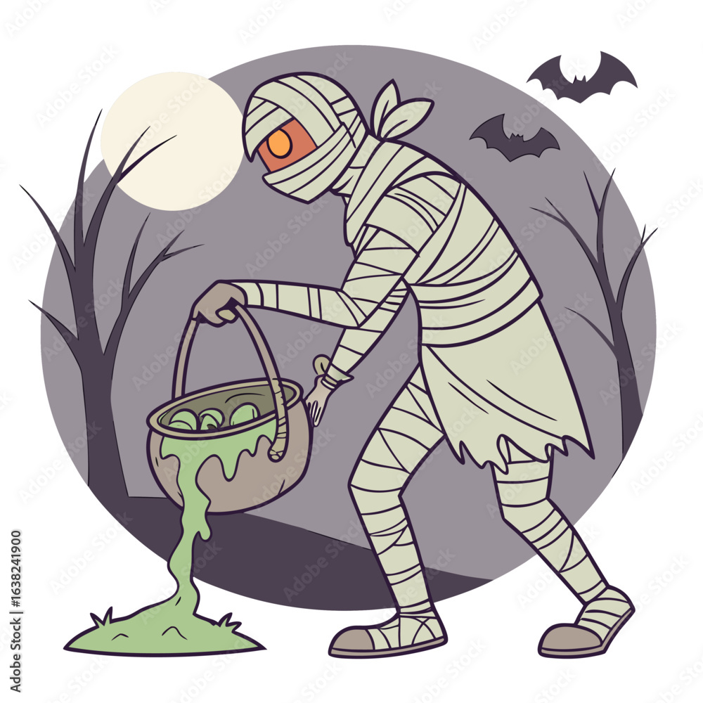 Fototapeta premium Cute Halloween Mummy Trick-or-Treat Vector Illustrations – Spooky Cartoon Characters with Candy and Pumpkins
