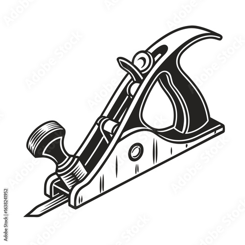 Classic woodworking hand plane tool in a vintage monochrome style. Builder's carpentry equipment icon isolated on white.