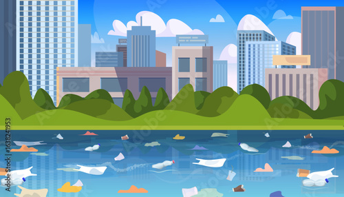 Urban aquatic pollution caused by plastic litter floating close to city skyline. Vector Not AI generated