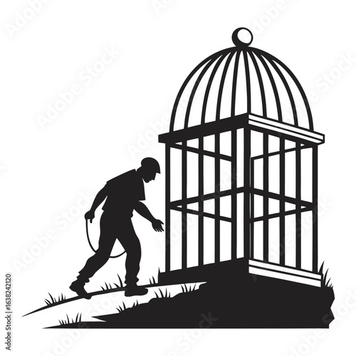 Silhouette icon of a man walking into a large cage. A conceptual illustration of voluntary imprisonment, loss of freedom, and confinement.