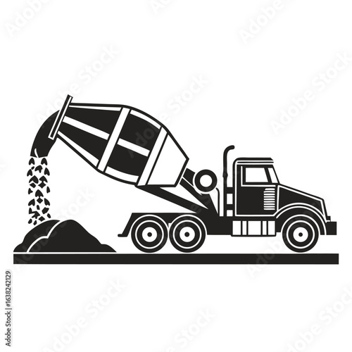 Silhouette of a cement mixer truck unloading concrete. Vector icon of heavy machinery for the construction industry.
