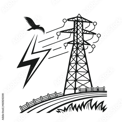 Monochrome vector symbol of an electric power pylon with a lightning bolt, representing an electrical circuit or wiring plan.