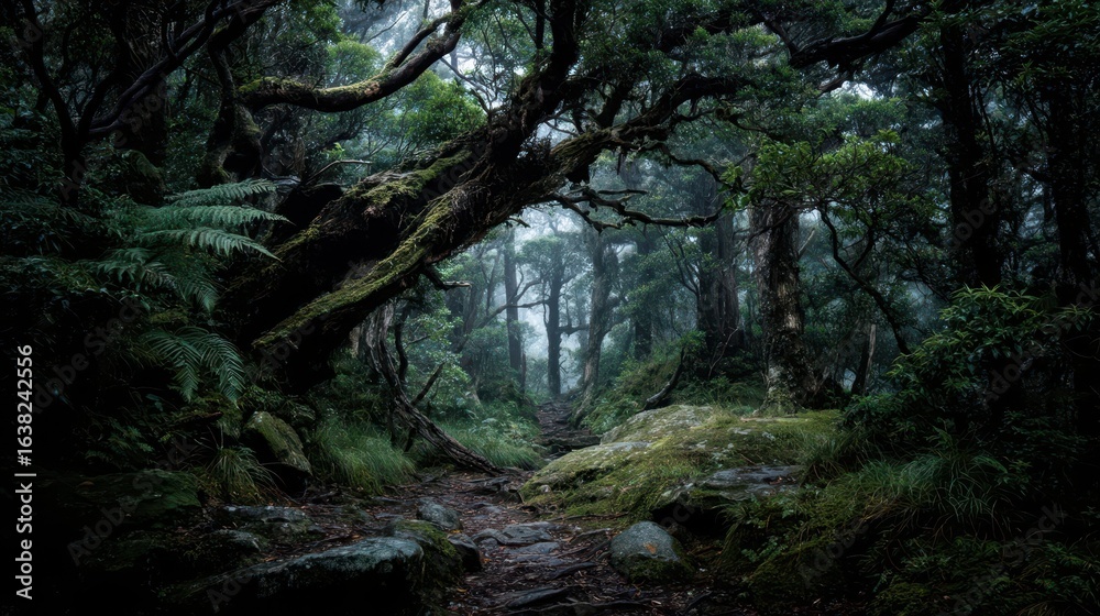 Fototapeta premium Enchanted Ancient Forest with Mist and Wandering Spirits