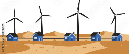 Vector illustration of a modern village with wind turbines, powered by clean and renewable energy, showcasing sustainable living and a healthy, eco-friendly future with natural energy.