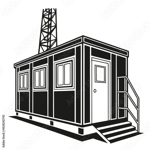 Industrial silhouette of a mobile construction site office or temporary worksite cabin with a derrick tower.