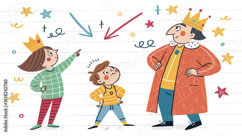 Playful doodle-style cartoon of mother, father, and child in humorous family role reversal