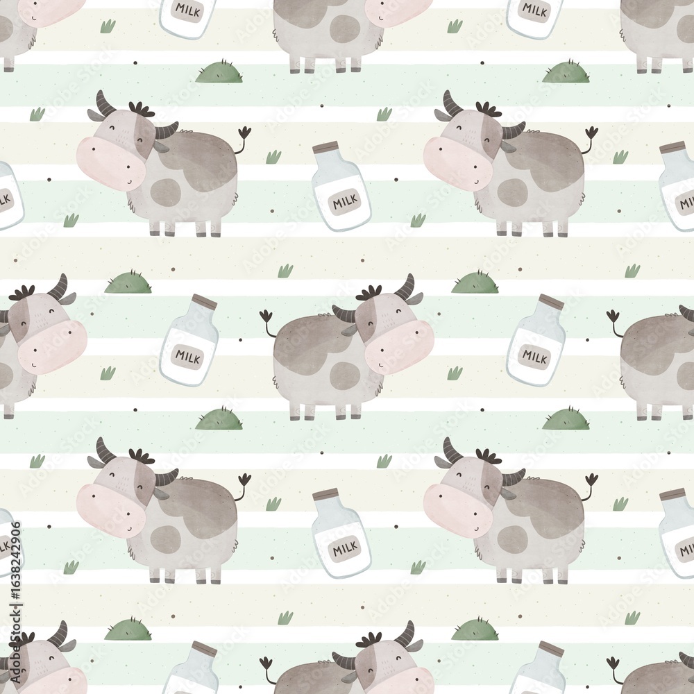 Obraz premium Seamless pattern with cartoon cows. Flat colorful vector for kids. hand drawing. animals. baby design for fabric, textile, wrapper, print.