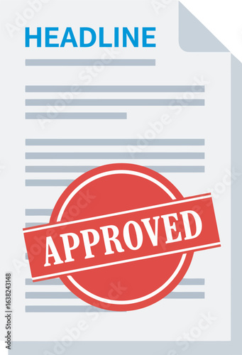 Flat vector illustration of a paper document with a blue headline and a large red Approved stamp.