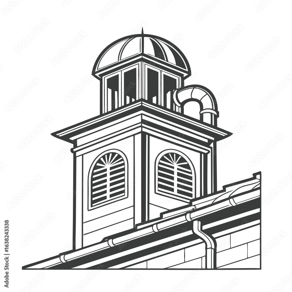 Fototapeta premium Architectural line art illustration of a building cupola with a ventilation duct system. Black and white vector design of a classic tower.