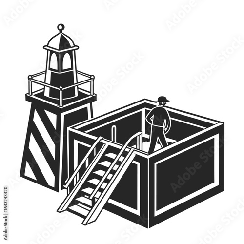 Trench shoring box silhouette icon. Black and white graphic of excavation safety equipment with a worker figure and lighthouse symbol.