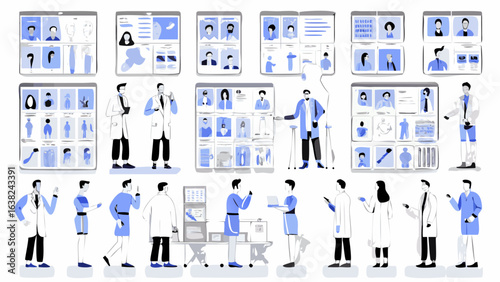 A group of doctors in white coats interacting with screens displaying patient information and medical data silhouette