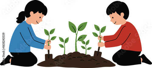 Vector illustration of two happy children planting saplings together, symbolizing environmental teamwork, a positive future, and the importance of ecological care for a greener world.