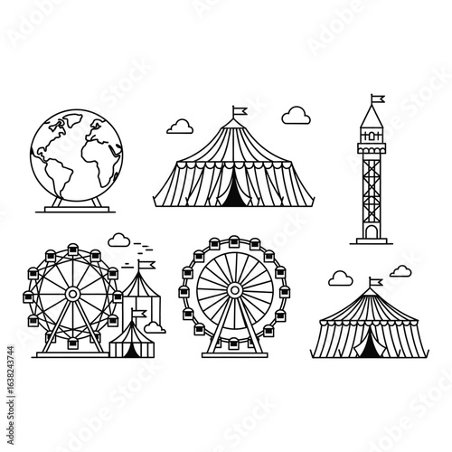 Monochrome Line Art Illustration of Circus Elements Globe Ferris Wheel Tents and Tower Simple Fairground Design
