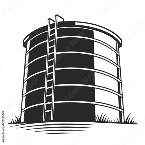 Monochrome silhouette of a concrete water storage tank with a ladder. Industrial reservoir or agricultural silo vector graphic icon.