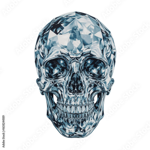 Glistening faceted diamond skull with intricate geometric patterns isolated on transparent background