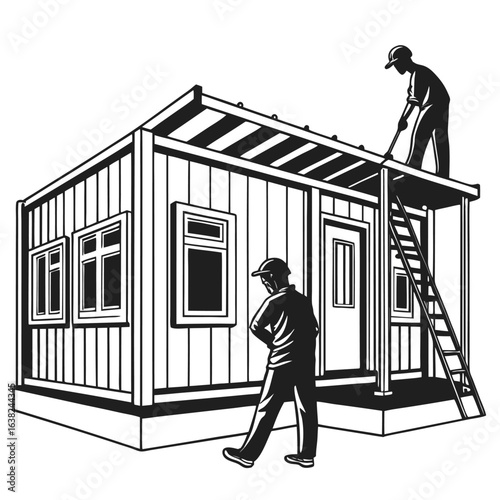 Silhouette of construction workers building a modular home, a vector illustration of a tiny house assembly.