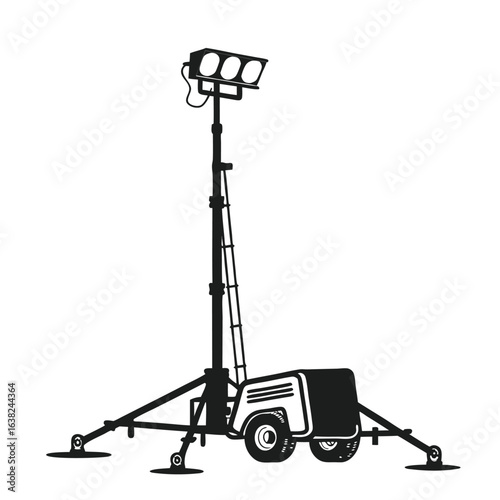 Black silhouette of a portable site light tower. An isolated vector illustration of mobile construction lighting equipment.