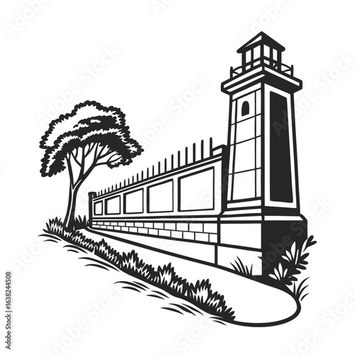 A black and white silhouette illustration of a stone watchtower and a long precast concrete wall with a single tree.