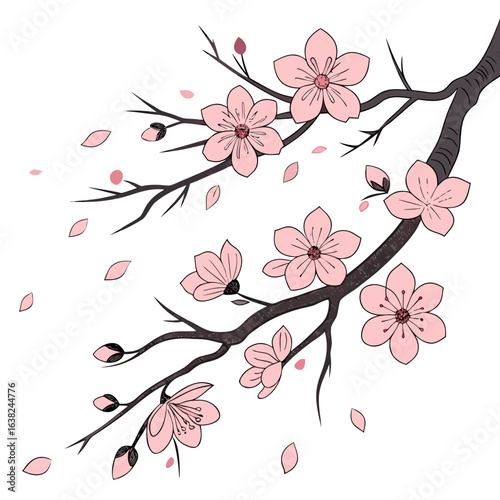 A delicate pink floral pattern of cherry blossom branches with leaves and flowers on a vintage background for a beautiful spring wallpaper