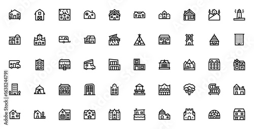 House types icon set. Vector illustration of diverse dwellings including bungalow, mansion, cottage, lighthouse, caravan, teepee, windmill, flat, tent, castle and more. Minimalist housing collection.