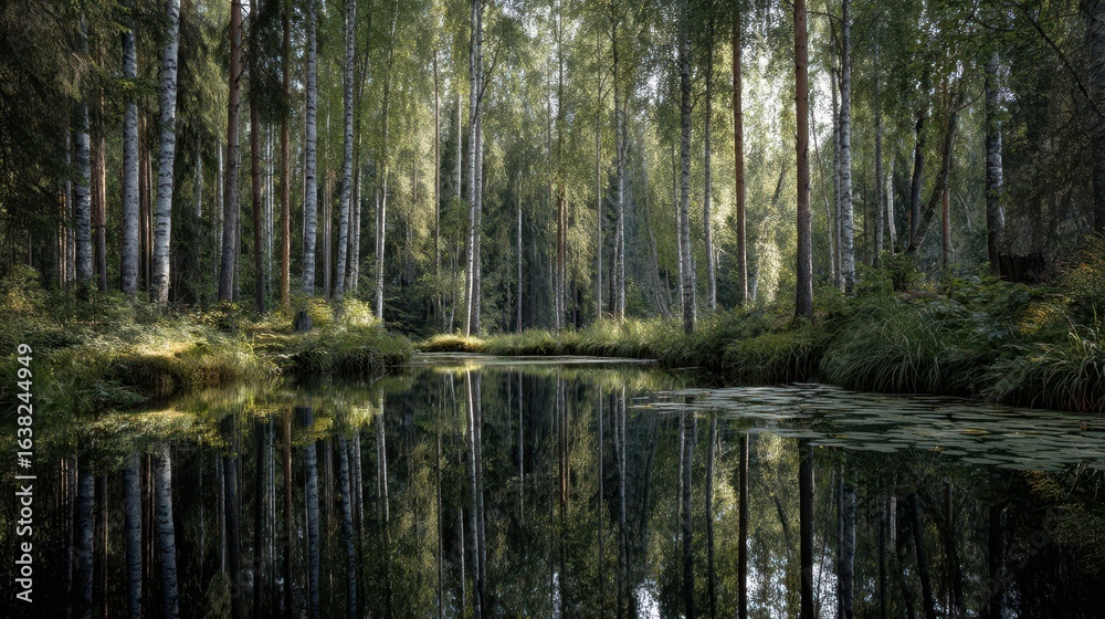 Serene Forest Pond Surrounded by Tall Birch Trees in Tranquil Landscape Serene Forest Pond Surrounded by Tall Birch Trees in Tranquil Landscape