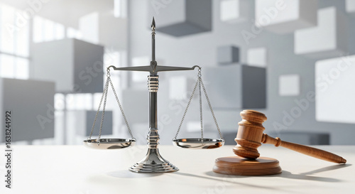 Scales of Justice and Gavel on Desk with Abstract Background