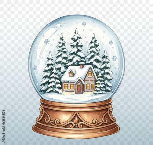 Cozy winter scene is captured inside a classic snow globe, featuring a snow covered house nestled among pine trees.