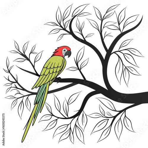 Vibrant Parrot Perched: A strikingly vibrant parrot perches gracefully on a tree branch, its colorful plumage adding a touch of tropical flair to this digital artwork.