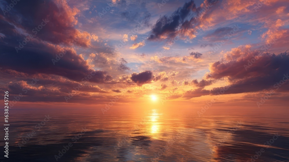 Fototapeta premium Captivating Sunrise Over Ocean with Dramatic Cloudy Background