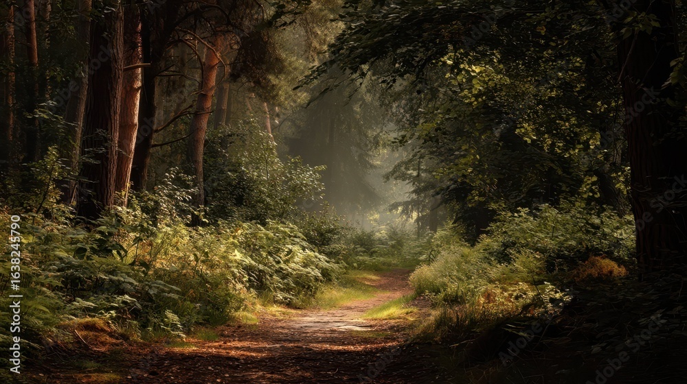 Fototapeta premium Captivating Tranquil Forest Path Through Lush Greenery and Light