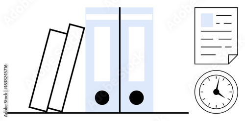 Two blue binders, tilted books, a paper document, and a clock capture office organization, record-keeping, punctuality, and task prioritization. Ideal for time management, productivity study