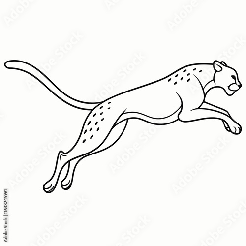 Cheetah in action: A cheetah, the fastest land animal, leaps gracefully with dynamic energy, its spots and form meticulously detailed in a black and white outline.