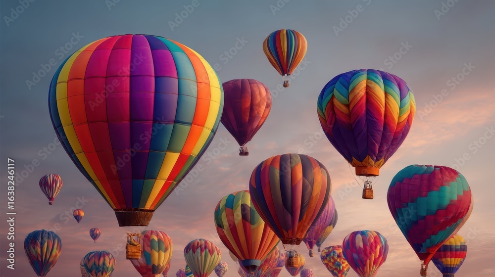 Obraz premium Colorful Hot Air Balloons Floating in a Captivating Sky at Dusk