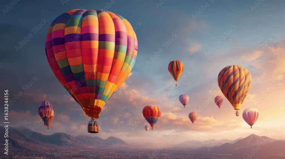 Fototapeta premium Colorful Hot Air Balloons Floating Over Scenic Landscape at Sunrise