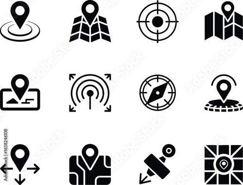Collection of navigation and location icons including maps pins and compasses