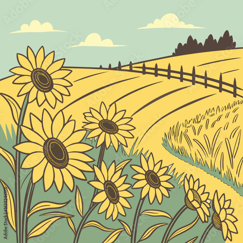 Golden Whispers: A field of vibrant sunflowers in full bloom, basking under a serene sky and evoking a sense of warmth and pastoral charm. 