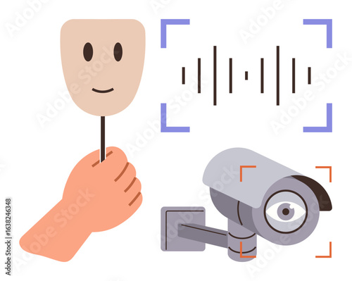 Hand holding mask symbolizes hidden identity next to a surveillance camera and sound waves. Ideal for privacy, identity protection, cybersecurity, surveillance, digital ethics, security, data safety