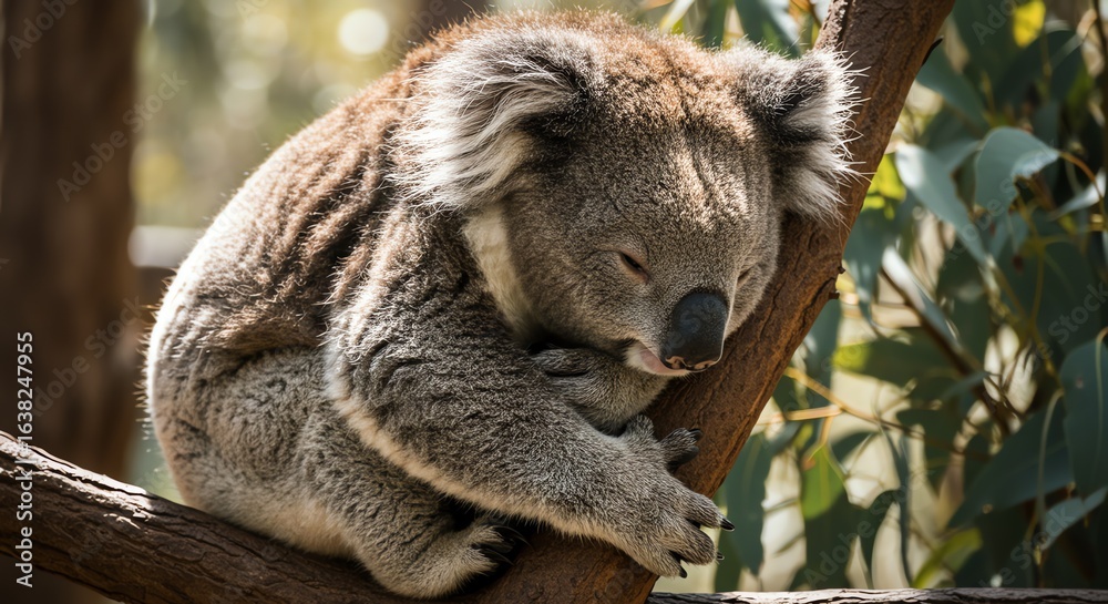 Fototapeta premium Koala Bear Sleeping on Eucalyptus Tree.