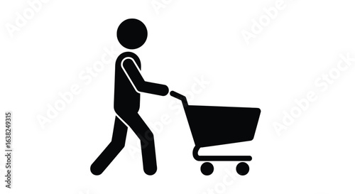 Vector illustration of stick figure pushing shopping cart, representing retail isolated on white background