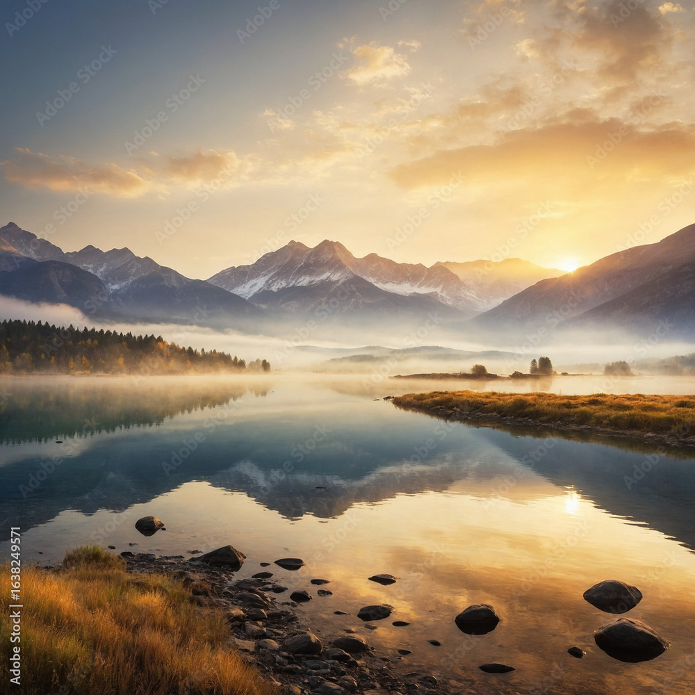 Obraz premium Breathtaking sunrise paints golden mountain lake with peaceful reflections