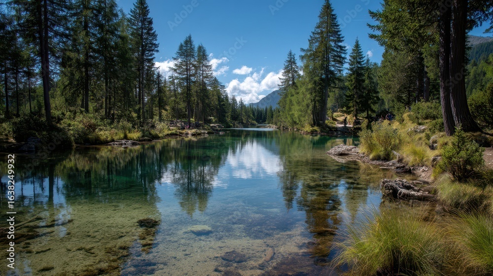 Obraz premium Serene Crystal Clear Lake Surrounded by Lush Pine Trees