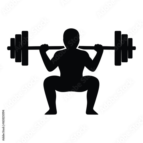 Silhouette of a person doing a barbell squat exercise for strength and fitness in gym for health and wellness program