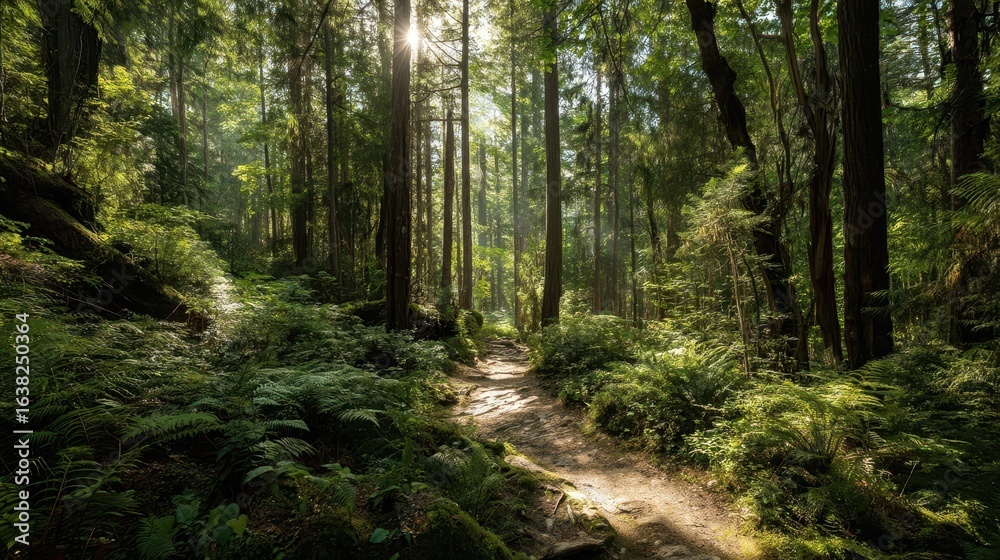 Fototapeta premium Serene Trail Through Dense Forest with Dappled Sunlight Filtering