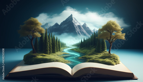 A book is open to a page with a river and mountains