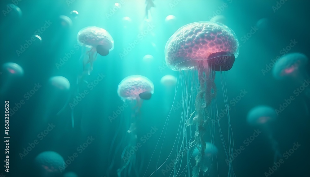 Fototapeta premium Underwater scene of jellyfish with central specimen shaped like a human brain, surreal depiction blending marine life and AI inspired neural design
