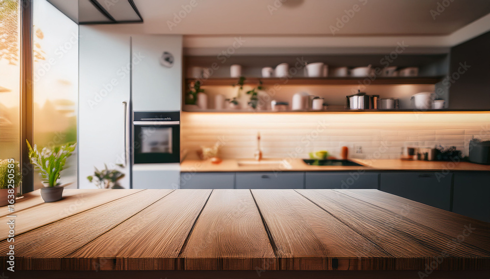 Fototapeta premium Empty wooden table surface in the foreground with a blurred modern kitchen interior background, illuminated by warm sunlight.