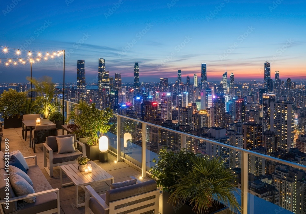 Fototapeta premium A Modern Rooftop Terrace with a Fire Pit Overlooking a Glowing City Skyline at Dusk